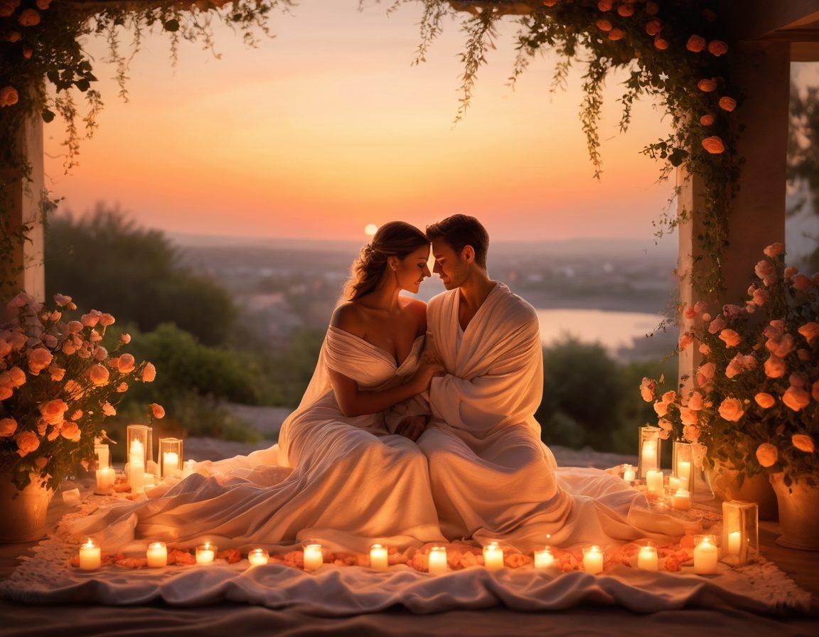 A romantic scene featuring a couple sharing an intimate moment, surrounded by delicate roses and soft candlelight, with a backdrop of a sunset casting warm hues. The couple's expressions convey deep passion and connection, while gentle wisps of fabric flow around them, symbolizing intimacy. Add subtle elements like handwritten love letters and a cozy blanket to enhance the atmosphere. surrealistic. warm colors. soft focus.