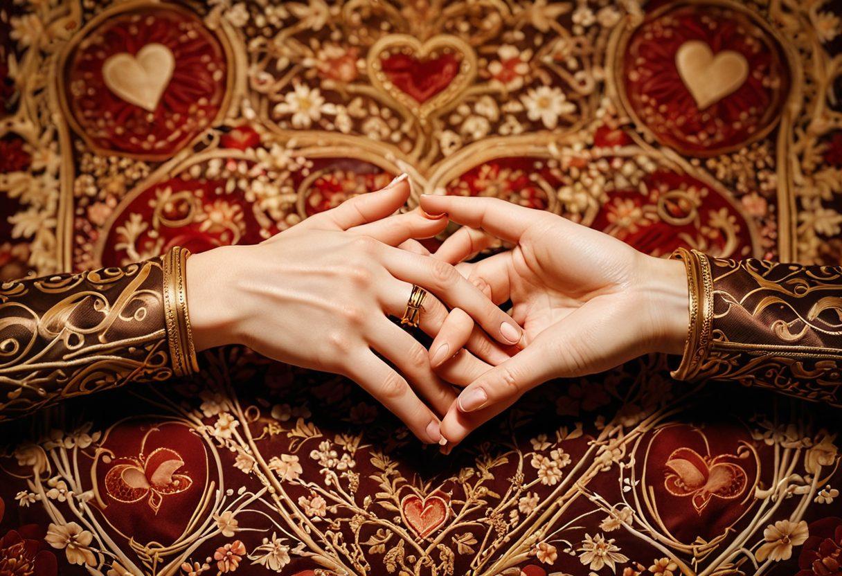 A close-up of two intertwined hands symbolizing intimacy, surrounded by an intricate tapestry of loving gestures and symbols of devotion, bathed in soft warm lighting. Elements like hearts, keys representing trust, and delicate floral details weave around the hands. The background should be softly blurred to emphasize the connection. super-realistic. warm tones. soft focus.