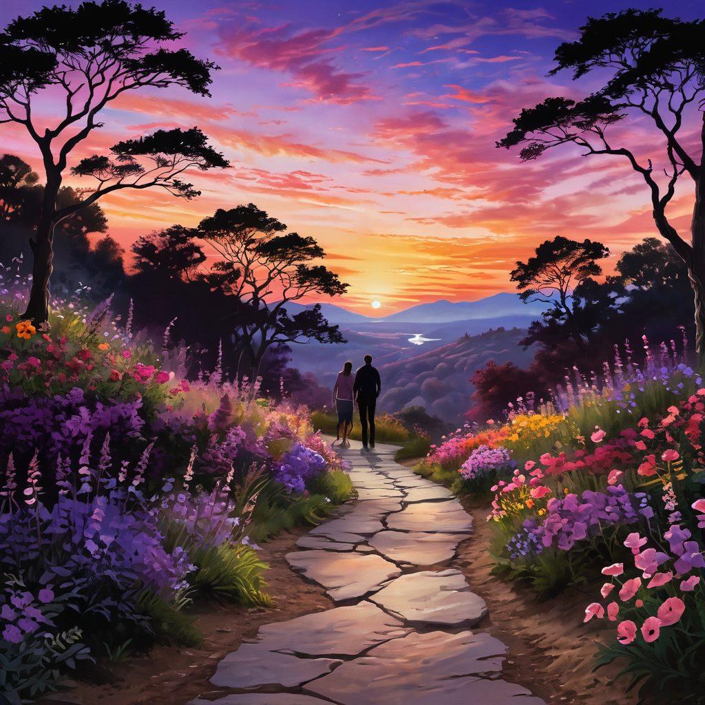 A winding, detailed path adorned with vibrant flowers symbolizing love, leading toward a radiant heart in the distance. Include silhouettes of couples walking hand in hand, surrounded by warm, glowing light creating a serene and romantic atmosphere. The sky transitions from soft pinks to deep purples, evoking a twilight feeling of adoration. super-realistic. vibrant colors. dreamy landscape.
